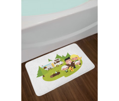 Happy Camper Family in Woods Bath Mat