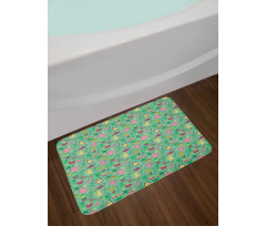 Teapots and Cups on Green Bath Mat