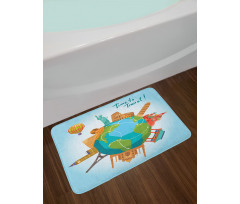 World Landmarks Around Globe Bath Mat