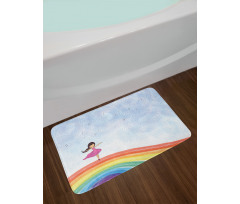 Girl Dances on Rainbow Bath Mat