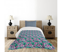 Graphical Flowers and Leaves Bedspread Set