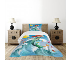 Wave with Cartoon Fish Bedspread Set