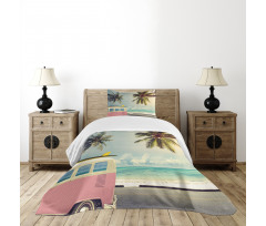 Retro Minivan on Beach Bedspread Set