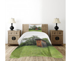 Wooden Hut in Forest Bedspread Set