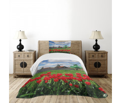 Red Color Tulips Field Bedspread Set