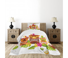 Tiki Masks Drinks Birds Bedspread Set