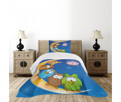 Cartoon Moon Owls Playing Bedspread Set