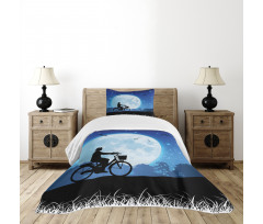 Person Rides Bicycle Night Bedspread Set