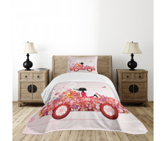 Girl on a Car Floral Box Bedspread Set