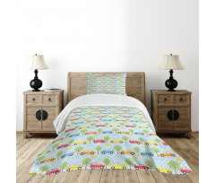 Checkered Cars with Trees Bedspread Set