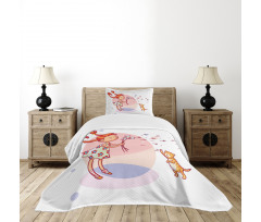 Cartoon Girl and Cat Bedspread Set