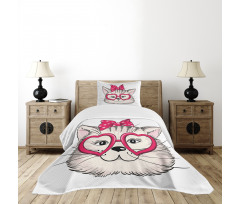 Heart Shape Glasses Bow Bedspread Set