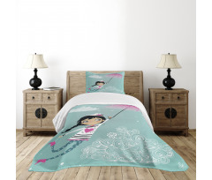 Girl with Pink Umbrella Bedspread Set