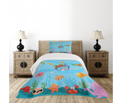 Cartoon Boy Diving to Sea Bedspread Set