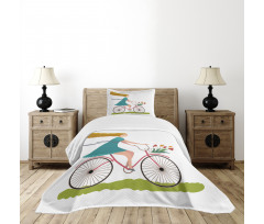 Woman on Bike Tulips Bedspread Set