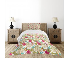 Tropical Flowers Leaves Bedspread Set