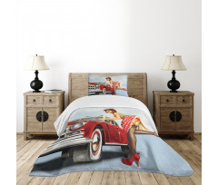Lady Fixing the Car Bedspread Set