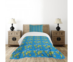 World Map in Green Shades Bedspread Set