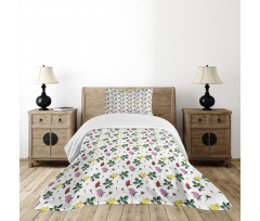 Colorful Rose Buds Leaves Bedspread Set