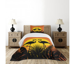 Sunset Flamingo Leaves Bedspread Set