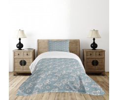 Retro Drawn Blossoms on Blue Bedspread Set