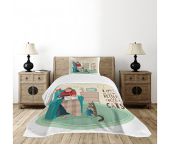 Lady in Armchair and Kitten Bedspread Set