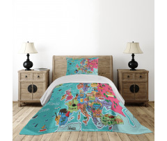 Cartoon Europe Map Landmark Bedspread Set