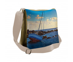 Yacht on Rocks Harbor Messenger Bag