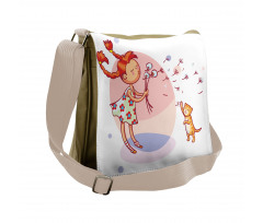 Cartoon Girl and Cat Messenger Bag