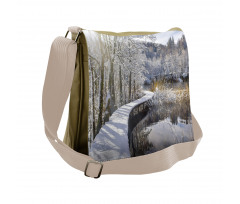 Snow Covered Path in Forest Messenger Bag