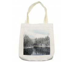 Trees in Cold Day Lake Tote Bag