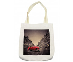 Retro Car on Cobblestone Road Tote Bag