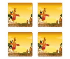 Farm Houses and Scarecrow Coaster Set Of Four