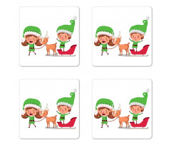 Elves and Reindeer on Sleigh Coaster Set Of Four