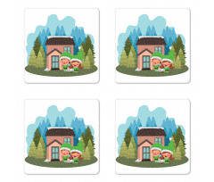 2 Dwarfs House in Winter Time Coaster Set Of Four