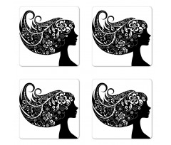 Woman with Floral Hair Coaster Set Of Four