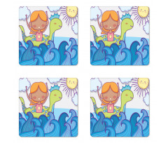 Swimming Wheel Girl Waves Sun Coaster Set Of Four