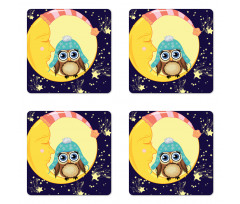 Owl and Moon with Hats Coaster Set Of Four