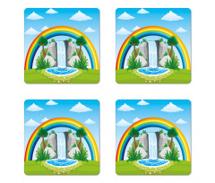 Waterfall and Rainbow Cartoon Coaster Set Of Four