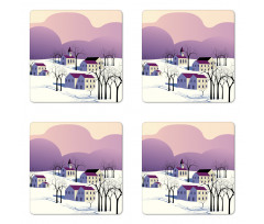 Graphical Village Scene Coaster Set Of Four