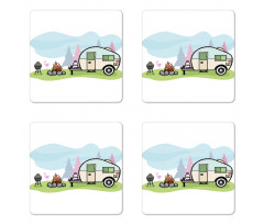 Cartoon Style Camping Scene Coaster Set Of Four