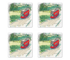 Tourist Bus Watercolor Art Coaster Set Of Four