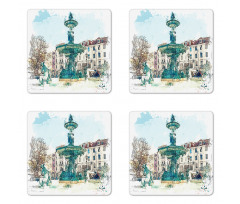 Old Fountain in Town Square Coaster Set Of Four