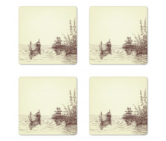 Pencil Drawn Lake and Boat Coaster Set Of Four