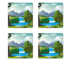 Cartoon Style Lake Waterfall Coaster Set Of Four