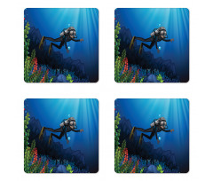 Scuba Diver Exploring Art Coaster Set Of Four