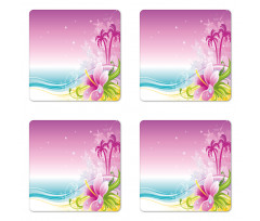 Abstract Waves Hibiscus Palms Coaster Set Of Four