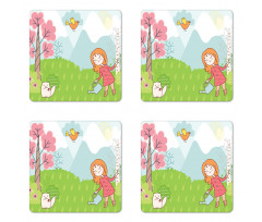 Cartoon Girl Animal in Wood Coaster Set Of Four