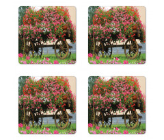 Flowers in Wooden Wagon Coaster Set Of Four