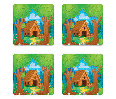 Wooden Shed in Forest Coaster Set Of Four